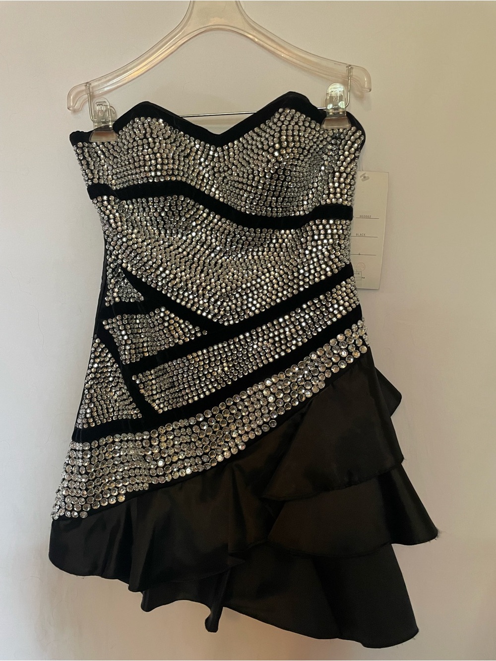 Precious Formals Black Strapless Mini Dress with Silver Crystal Detail